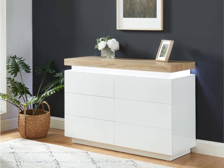Ladekast HALO II 6 lades Gelakt mdf Met ledverlichting wit en eiken L 120 cm x H 80 cm x D 40 cm - Foto 2
