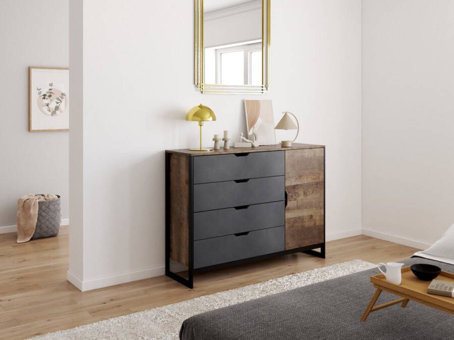 Vente-unique Ladekast LAONILE 1 deur en 4 laden Noten en antraciet L 137.8 cm x H 99.2 cm x D 39.6 cm - Foto 3