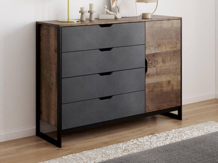 Vente-unique Ladekast LAONILE 1 deur en 4 laden Noten en antraciet L 137.8 cm x H 99.2 cm x D 39.6 cm