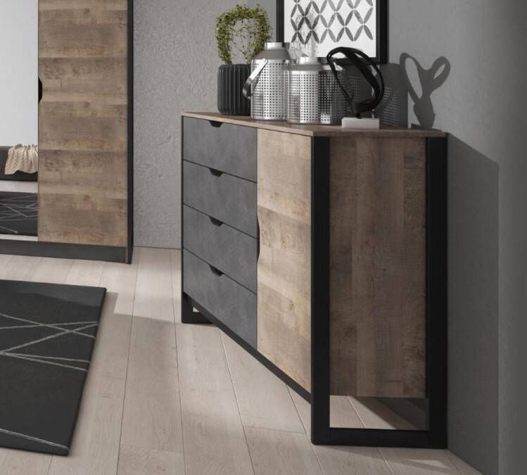 Vente-unique Ladekast LAONILE 1 deur en 4 laden Noten en antraciet L 137.8 cm x H 99.2 cm x D 39.6 cm - Foto 2