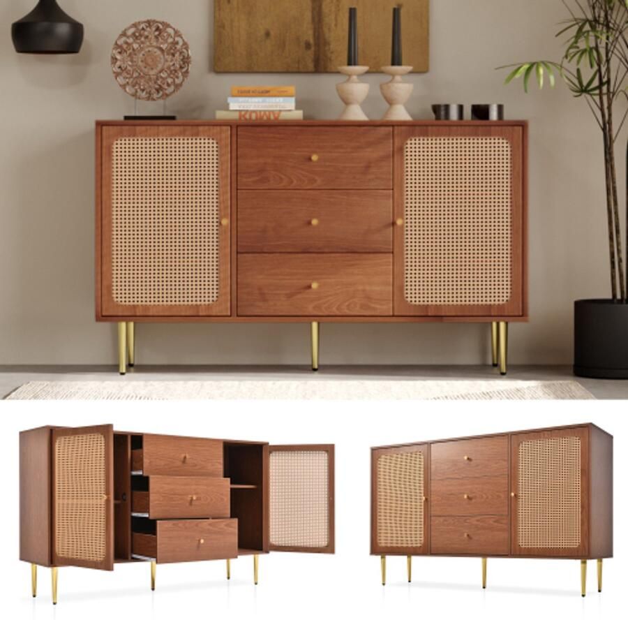 Ladekast met 2 deuren en 3 laden rotan deurkast met lade verstelbare plank voor woonkamer slaapkamer notenhout-H90 B150 D40 cm