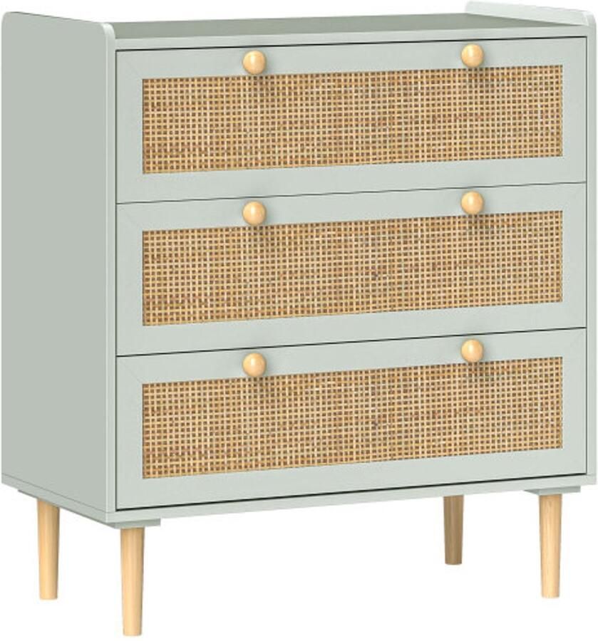 GOTAGEE Ladekast met 3 laden dressoir in boho-stijl rotanlook ladekast voor woonkamer slaapkamer lichtgroen 80 x 40 x 87 5 cm