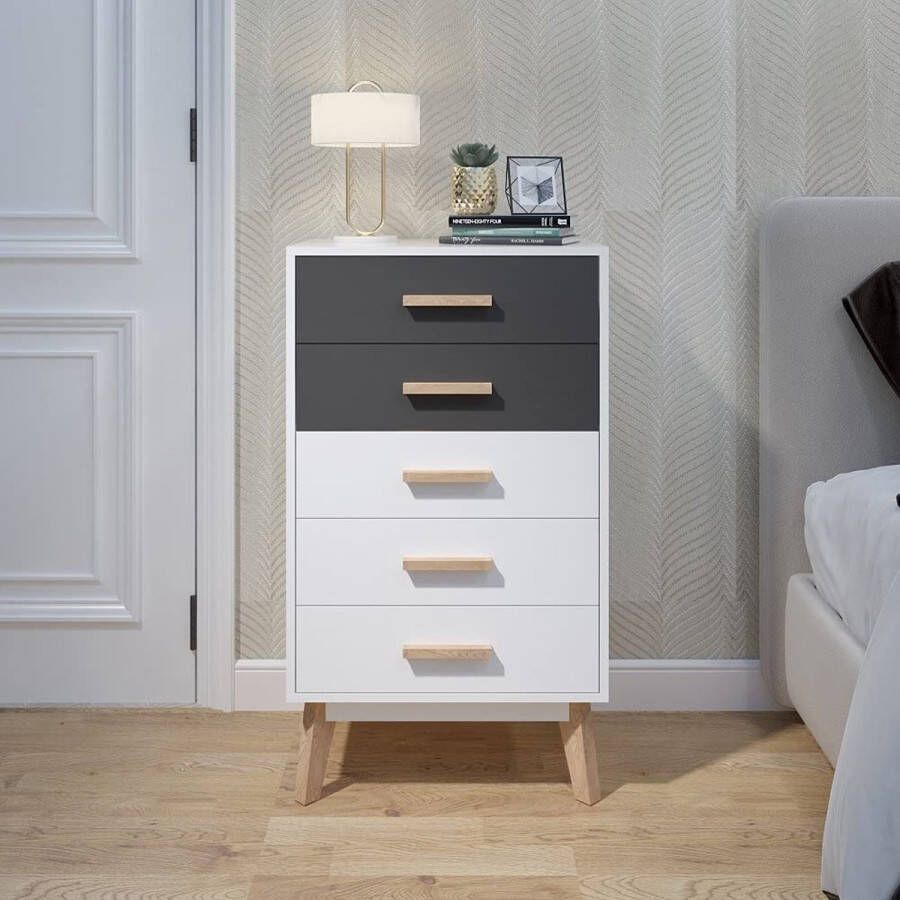 ladekast met 5 lades gratis combinatie van kleuren Scandinavische stijl voor slaapkamer woonkamer 55 x 40 x 96 cm wit en grijs