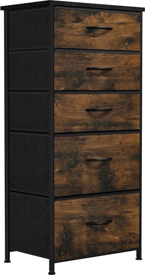 Ladekast met 5 Lades – Stoffen Dressoir met Metalen Frame en Handgrepen Opbergkast voor Slaapkamer Woonkamer of Hal (Rustiek Bruin)