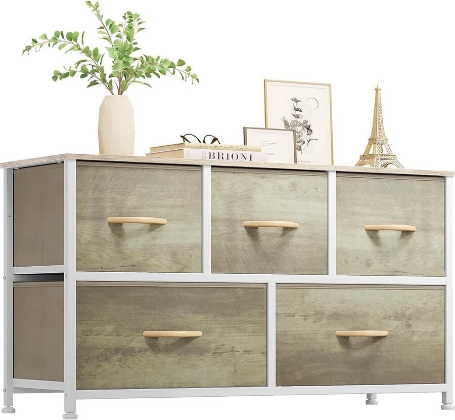 Ladekast met 5 Lades – Stoffen Dressoir met Stalen Frame en Houten Bovenblad Voor Slaapkamer Kinderkamer en Woonkamer (Lichte Houtkleur)
