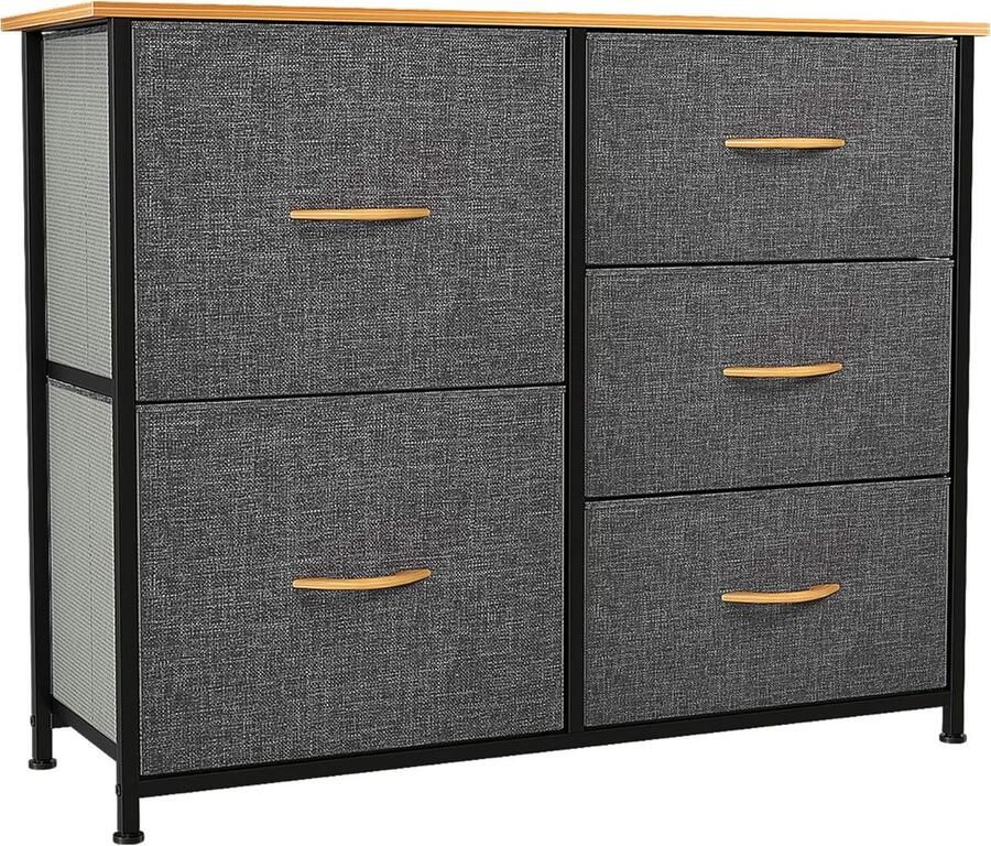 5 Drawer Storage Cabinet for Bedroom Living Room Closet Sturdy Steel Frame Easy Pull Fabric Bins and Wooden Top Fabric Dresser