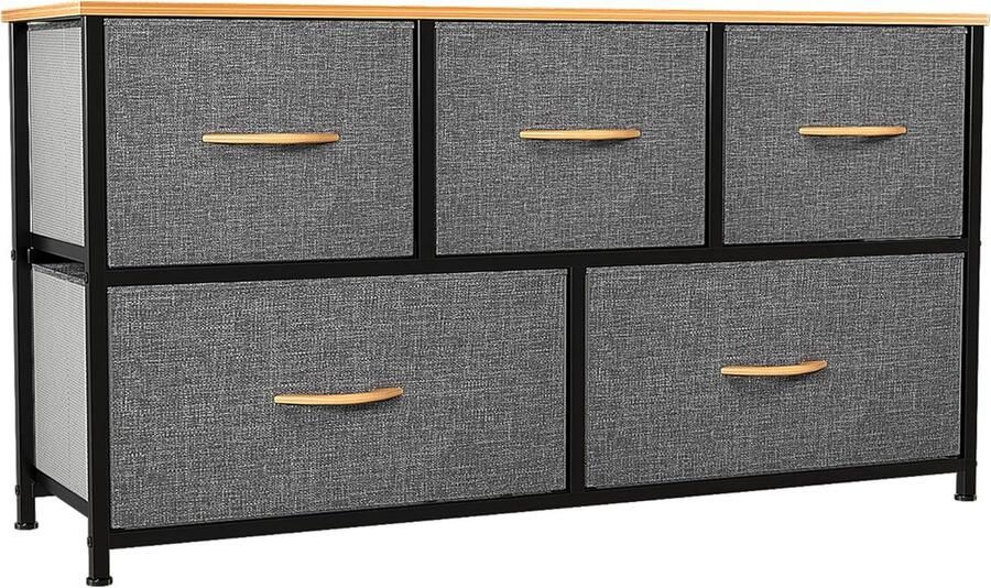 Ladekast met 5 Stoffen Lades – Stevig Stalen Frame Houten Bovenkant Opbergkast voor Slaapkamer of Woonkamer