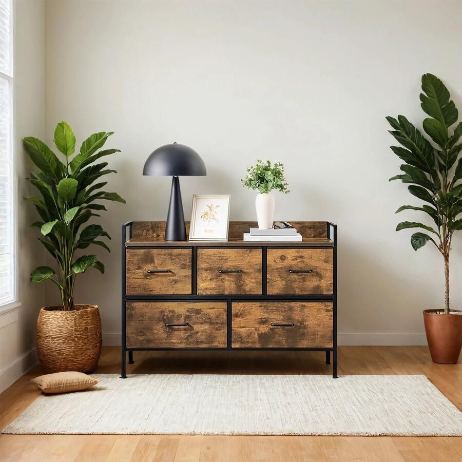 Ladekast met 5 stoffen lades vintage bruin-inktzwart