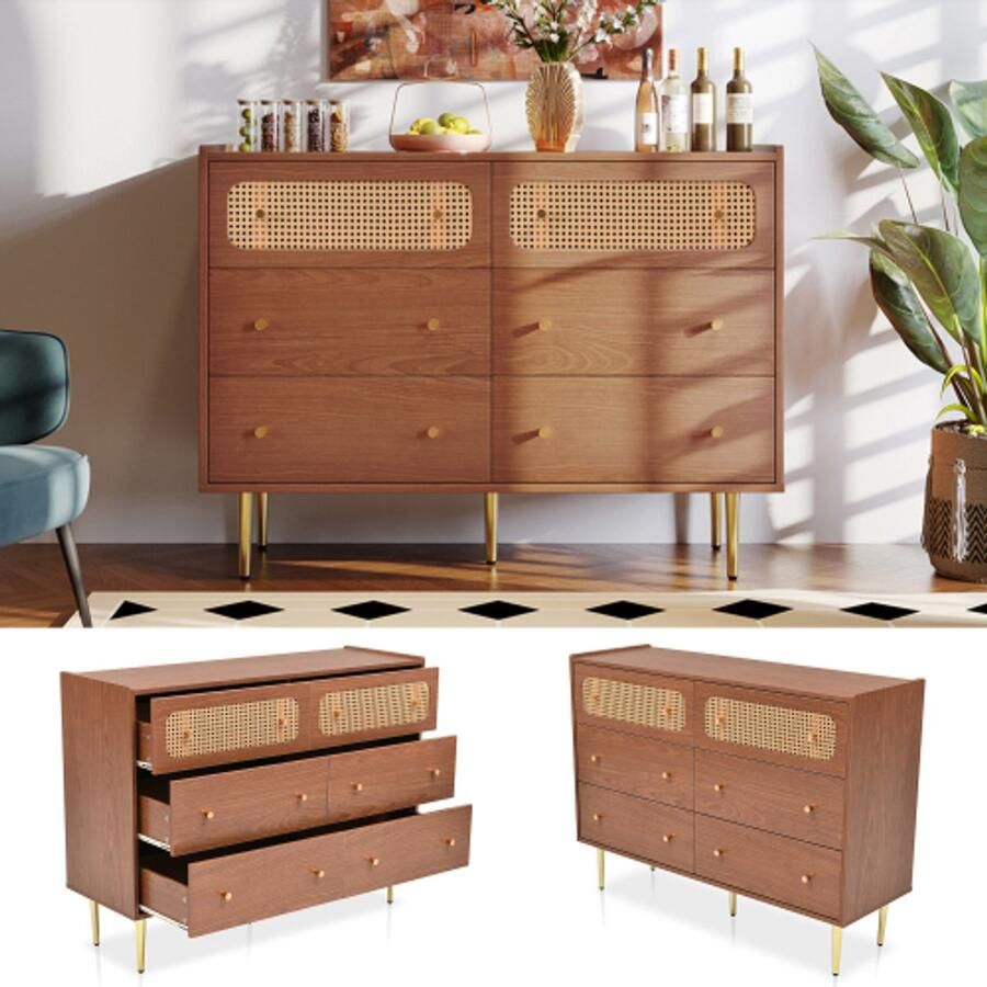 Ladekast met 6 laden rotan dressoir highboard voor slaapkamers en alle woonkamers notenhout H90 B120 D40 cm