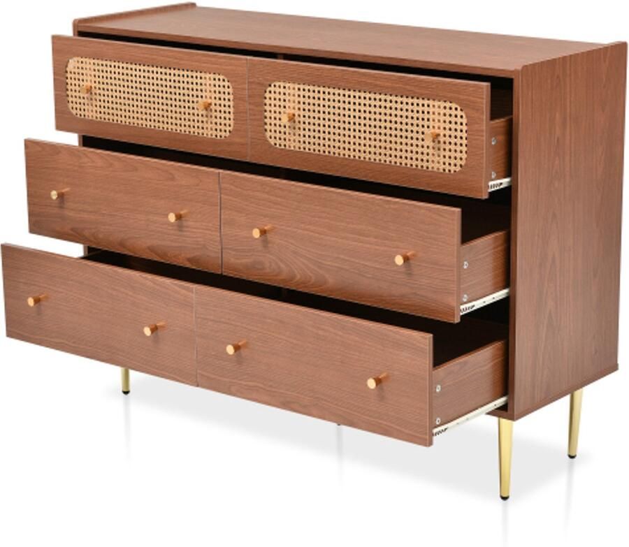 GOTAGEE Ladekast met 6 laden rotan dressoir voor slaapkamers en alle woonkamers H90 B120 D40 cm bruin