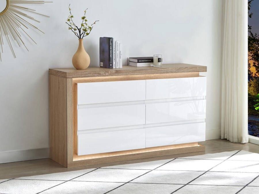 Ladekast met 6 lades Met ledverlichting Mdf Wit gelakt en naturel FLARANCIA L 140 cm x H 80 cm x D 40 cm