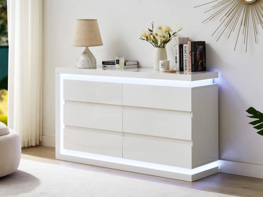 Vente-unique Ladekast met 6 lades Met ledverlichting Mdf Wit gelakt FLARANCIA L 140 cm x H 80 cm x D 40 cm - Foto 2