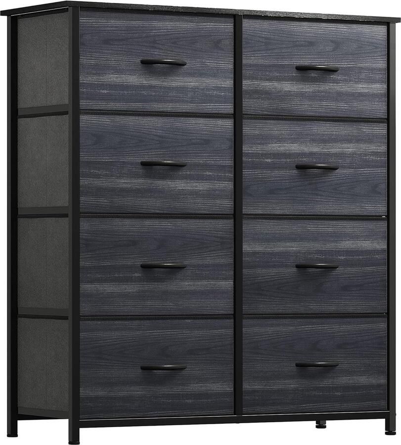 Ladekast met 8 Lades – Stoffen Dressoir met Metalen Frame en Houten Bovenblad in Houtskoolzwarte Houtnerf