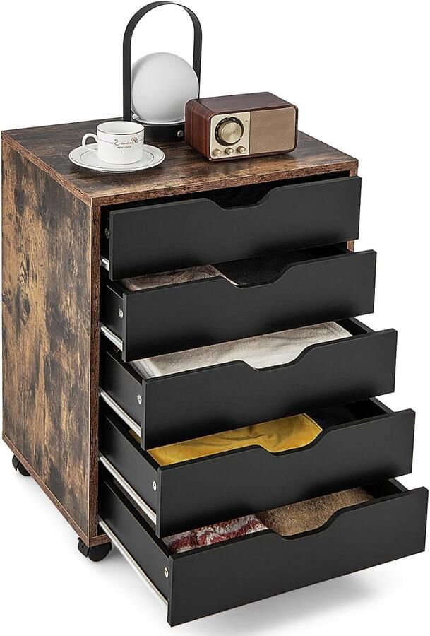 Ladekast met Wieltjes – Mobiele Rolcontainer met 5 Laden – Handgrepen – Archiefkast voor Kantoor Werkkamer of Slaapkamer – Bruin