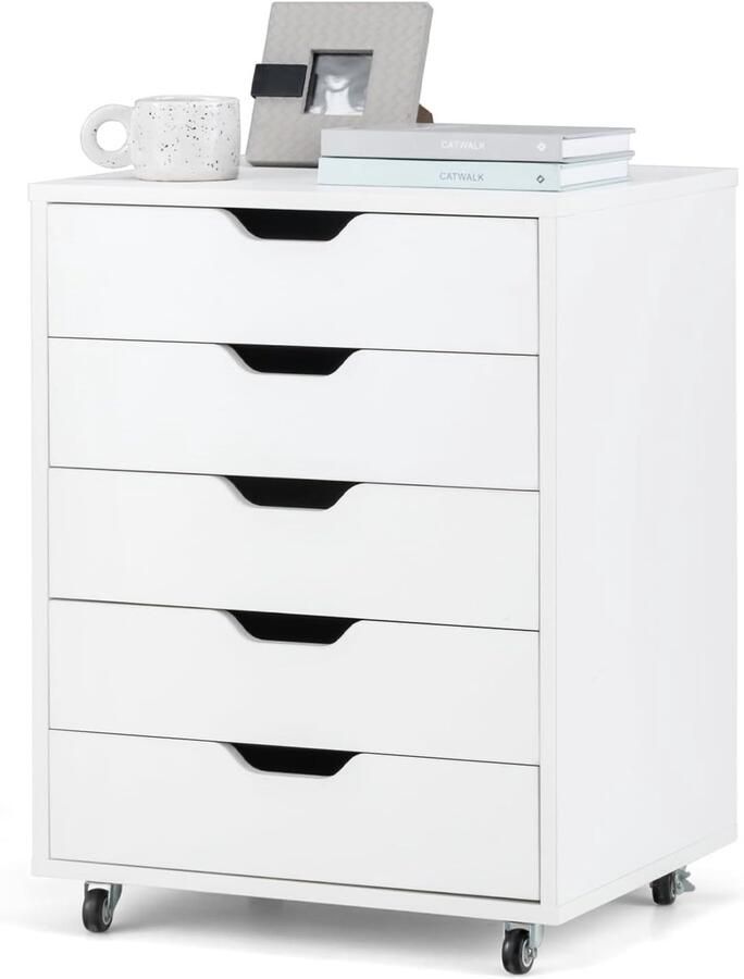 Ladekast met Wieltjes – Rolcontainer met 5 Laden – Mobiele Archiefkast voor Kantoor en Thuis – 48 x 39 5 x 65 5 cm – Wit