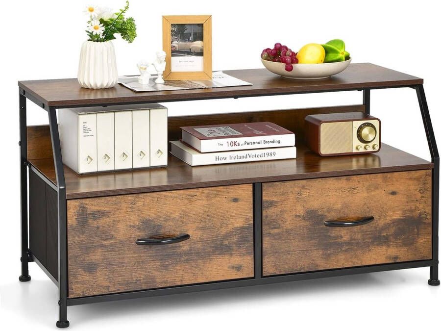Ladekast Organisator Eenheid met 2 Stoffen Laden Opbergkast met Open Planken Multifunctionele Ladekast met Stevig Staalframe Dressoir TV Standaard voor Woonkamer Kast Ingang Rustiek Bruin