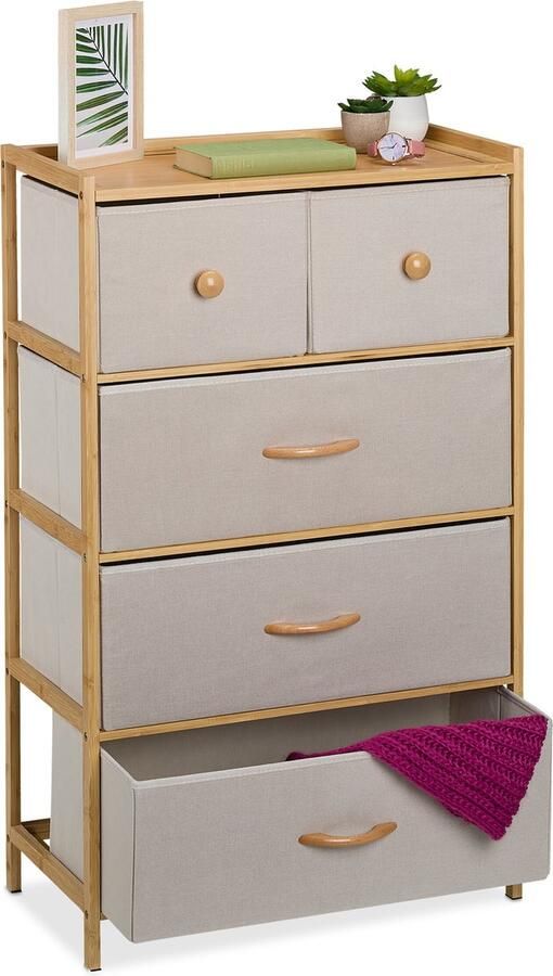 Relaxdays ladekast smal bamboe 5 stoffen lades 94 x 58 x 32 5 cm slaapkamer beige