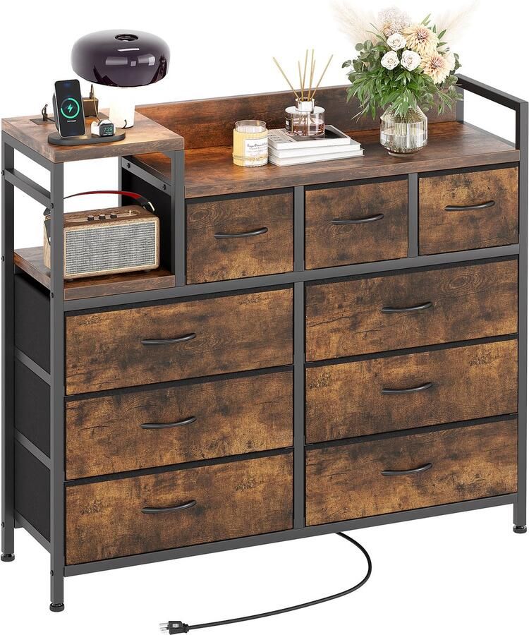 Ladekast stoffen ladekast met 9 laden ladekast slaapkamer met houten blad ladekast gangkast voor keuken kantoor hal slaapkamer (Rustiek Bruin)100x30x86cm