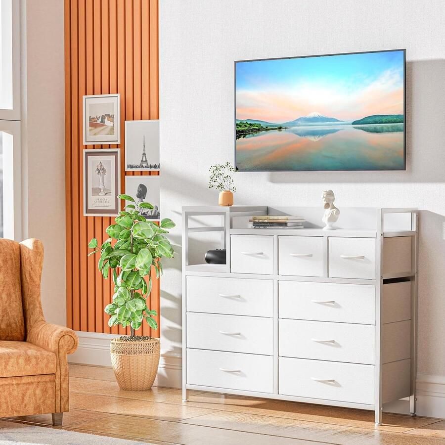Ladekast stoffen ladekast met 9 laden ladekast slaapkamer met houten blad ladekast gangkast voor keuken kantoor hal slaapkamer (Wit)100x30x86cm - Foto 2