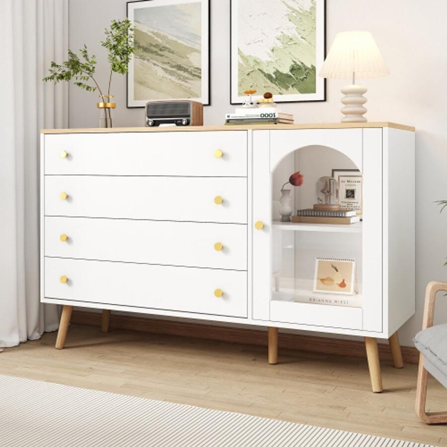 Ladekast wit 4 brede laden Ladekast geschikt voor eetkamer keuken woonkamer moderne stijl 40*120*77 5 cm