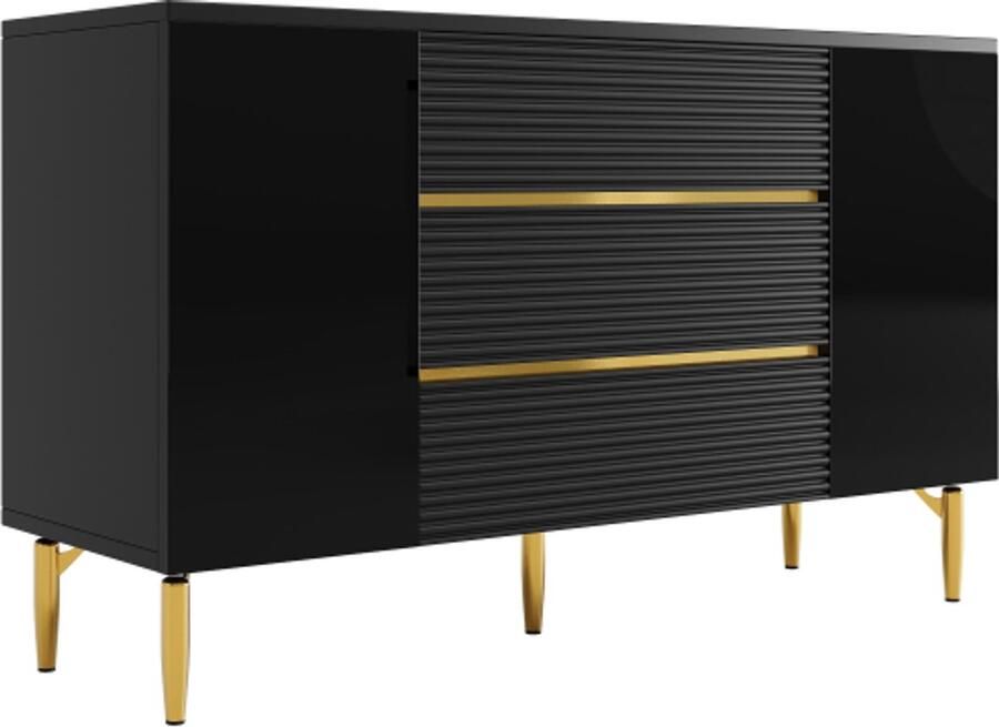 Ladekast zwarte eetkamerkast eenvoudig en modern geschikt voor slaapkamer woonkamer eetkamer geruit ladedeurontwerp glanzende gouden decoratie drielaagse lade