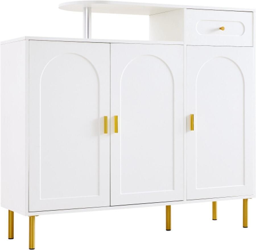 Ladekast dressoir schoenenkast met metalen handgrepen 1 lade en 3 deuren op metalen poten wit. Afmetingen: B120 × H92 × D35 cm
