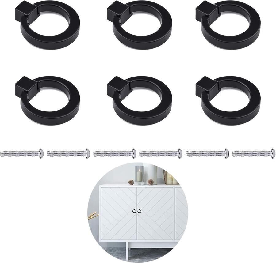 Ladeknoppen Meubel Handvat Ring Kast Ring Ladehandvat Kabinet Knop Geschikt voor Keukenkast Dressoir Lade Zwart met Schroeven 6 stuks