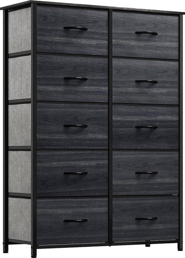Ladenkast kast opbergkast 10 laden gemaakt van stof met handgrepen opbergkast metalen frame zwarte houtnerf
