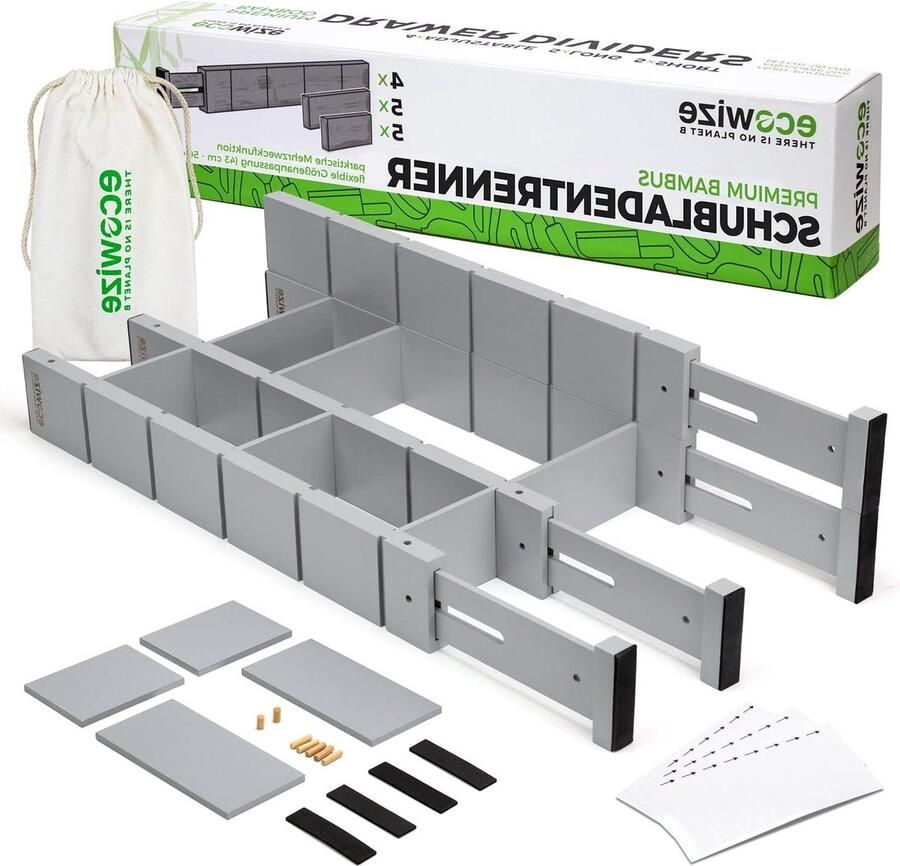 Ladeverdeler (43-56 cm) Bamboe Lade-Indeler veerbelast Voor Keuken Slaapkamer Badkamer Schrijf- en Knutseltafel (Grijs)