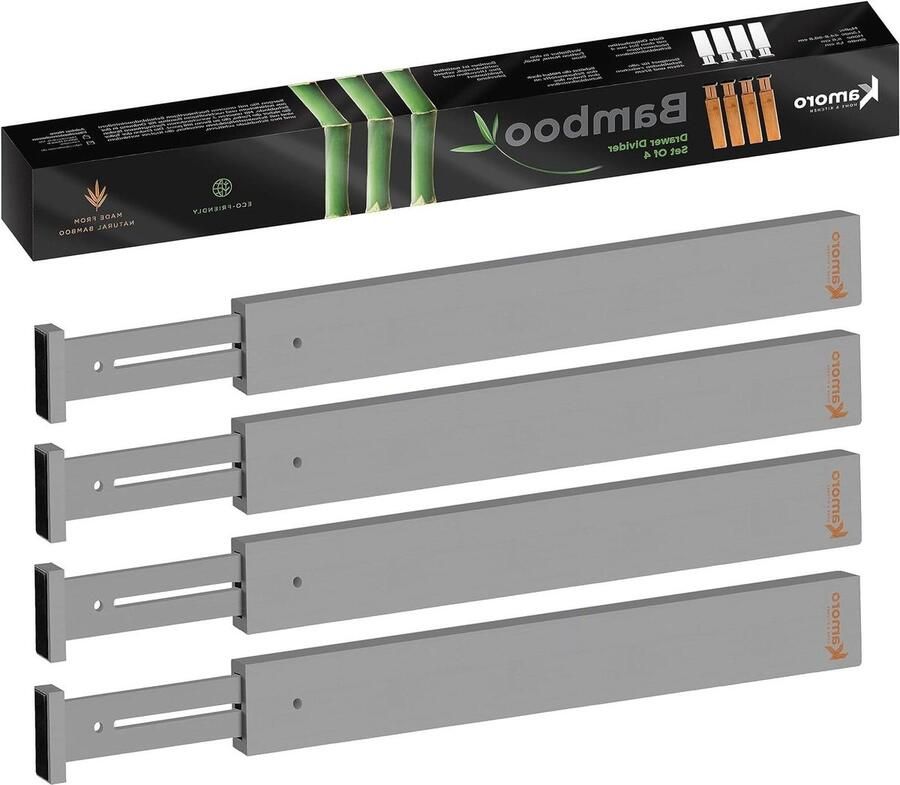 Ladeverdeler van natuurlijk bamboe set van 4 met veer voor stevige grip verstelbare lade-organizer tussen 44 en 56 cm grijs