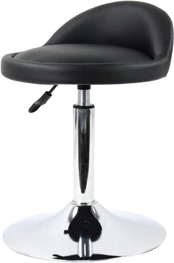 Lage barkruk van PU leer in hoogte verstelbaar en draaibaar met rugleuning ideaal voor kapperszaak werkplaats thuis keuken schoonheidssalon en nagelstudio zwart
