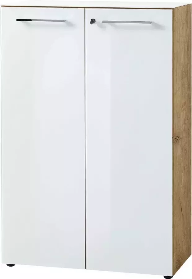 Lage dichte kantoorkast Destin Eiken Wit Breedte 80 cm Hoogte 120 cm Diepte 37 cm Met planken Met openslaande deuren
