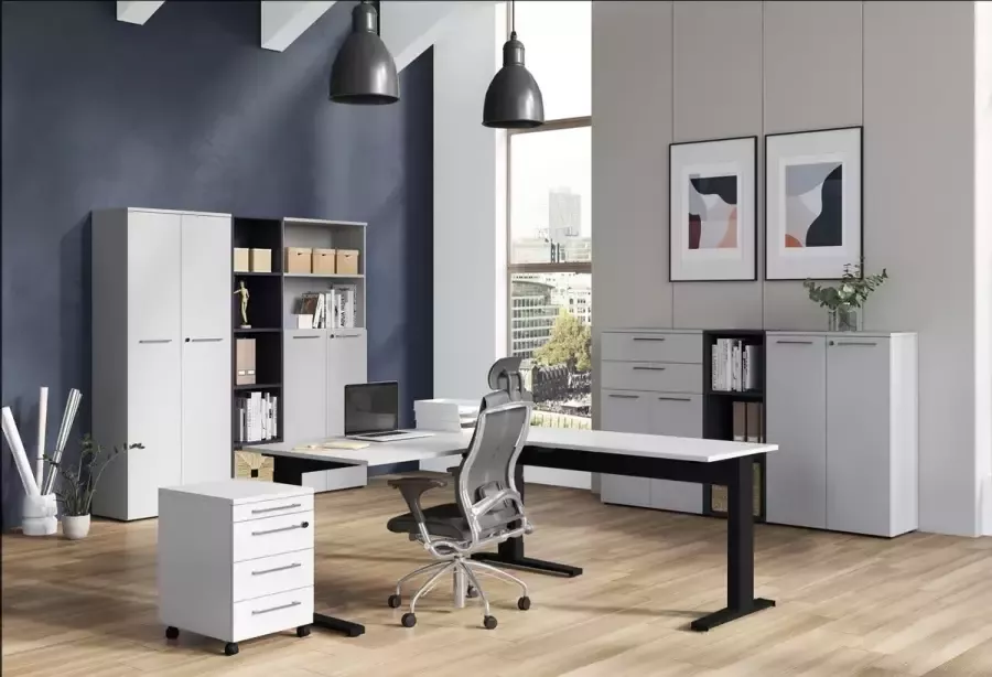 Lage dichte kantoorkast laden Ergonoma Lichtgrijs Breedte 80 cm Hoogte 120 cm Diepte 40 cm Met lades Met planken Met openslaande deuren