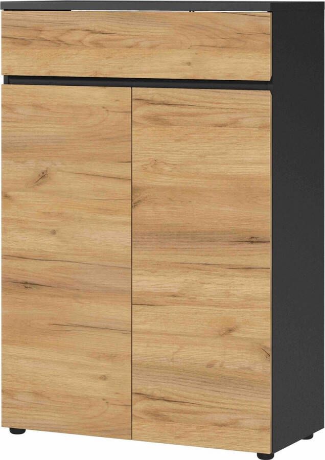 Lage dichte kantoorkast RIO Eiken Grafiet Breedte 80 cm Hoogte 120 cm Diepte 40 cm Met lades Met planken Met openslaande deuren