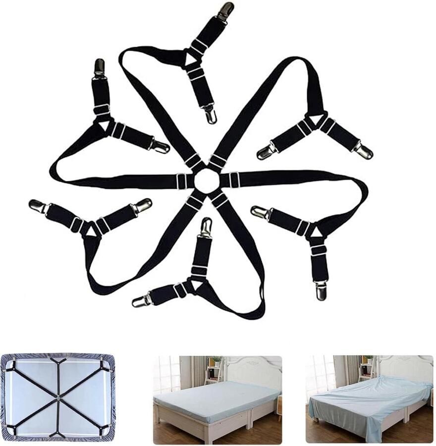 Laken clip Lakenbevestigingen Verstelbare elastische lakenhouderriemen 6-voudige kruislakenclips Bretelsband voor volledige Queen King Twin Bed aangepaste ronde en vierkante matrassen (Zwart)