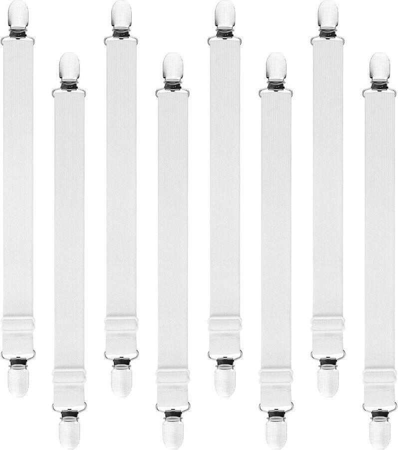 Lakenriemen 8 stuks Lakenspanners Bedlakenklemmen Verstelbare Elastische lakenriemen Bedlakenspanners Lakenspanner met metalen clips Voor laken matras bank strijkplank Wit