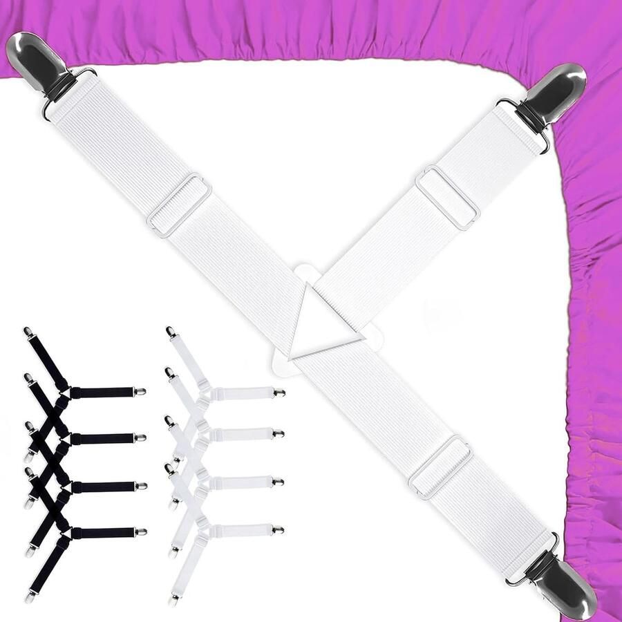 Lakenspanner Verstelbare spanbanden Driehoekige lakenspanner voor bedlakens Elastische lakenspanner met clips Kan gebruikt worden als houder voor bankhoezen Strijkplank Matras (4 stuks zwart + 4 stuks wit)
