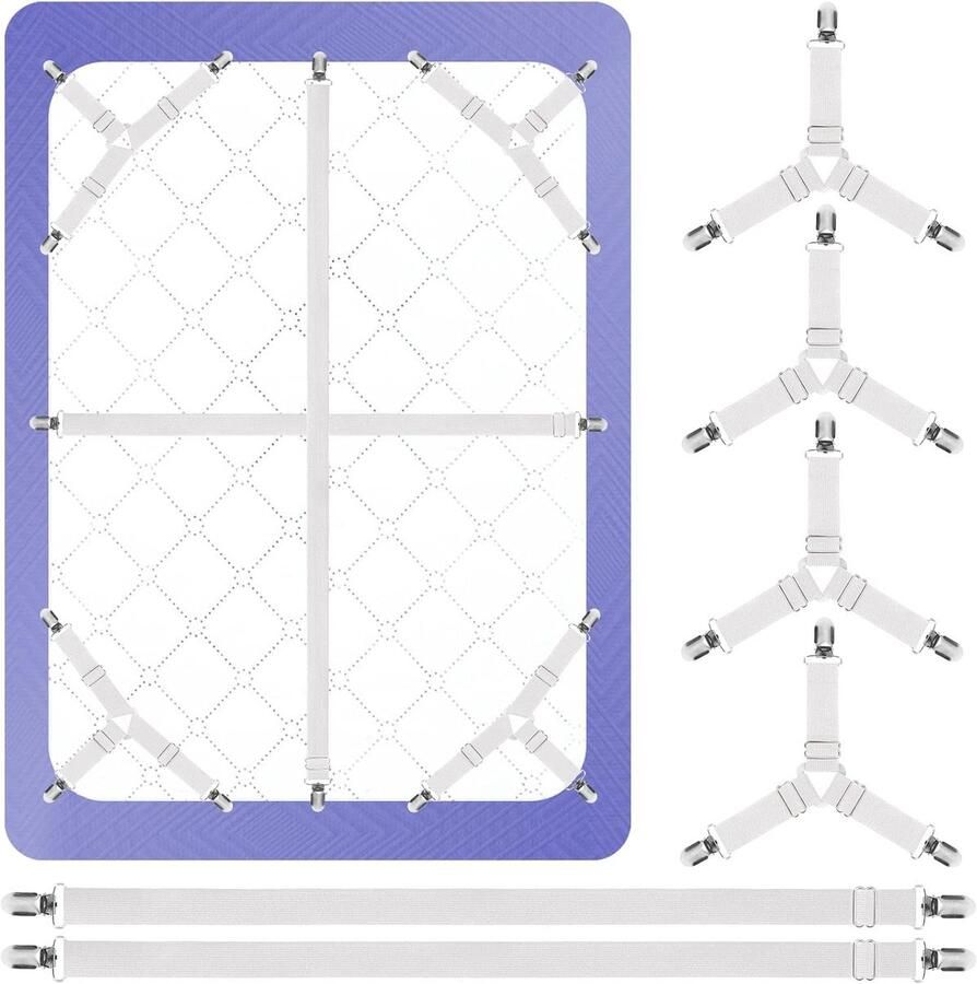 Lakenspanners Set 4+2 Stuks Wit Verstelbare Elastische Lakenhouders voor Bedden Laken Bretels & Aanspanriemen Geschikt voor Strijkplank en Matras Eenvoudig Bevestigen Lakenklemmen voor Stevig Beddengoed