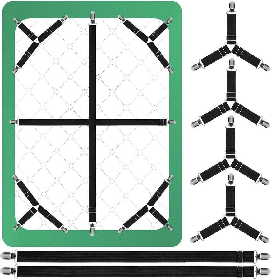 Lakenbevestigingen Set van 4+2 Driehoekige lakenklemmen Verstelbare elastische lakenbevestigingen Dekbedklemmen Voor het vastzetten van het midden van de matras en het vastzetten van de hoeken van het laken Zwart