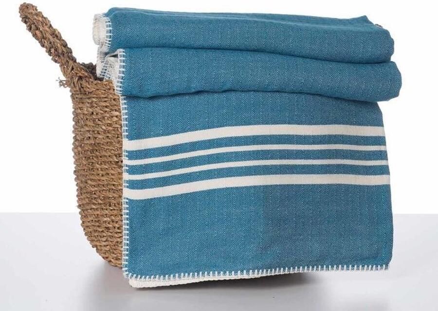 Lalay Hamam Plaid XXL Krem Sultan vierkant petrol blue 260x260cm luxe woonplaid tweepersoons katoen xxl plaid deken voor op de bank bed of woonkamer decoratie