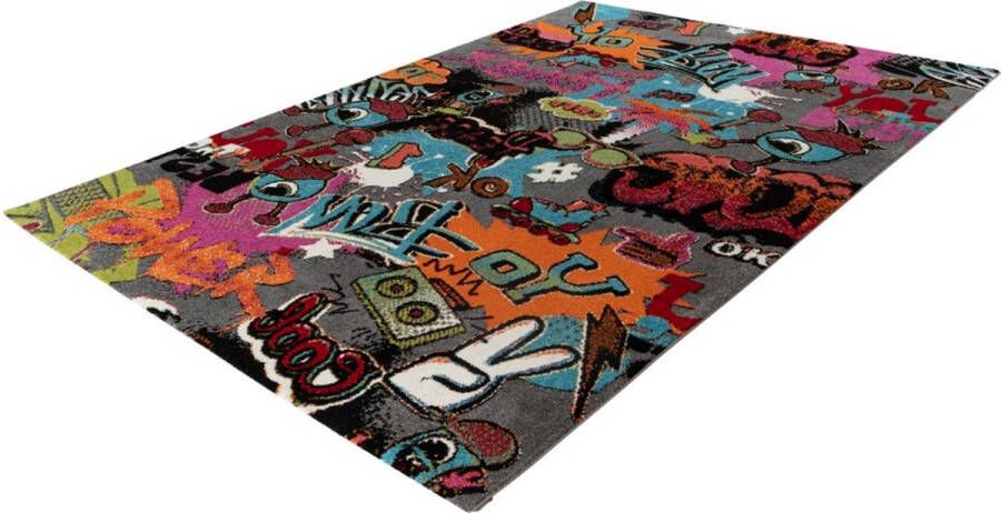 Lalee Freestyle vloerkleed- artistiek karpet- kleurrijk- hip en trendy- love peace dessin- grafeti- ps5- kunst- vlinder tapijt- 120x170 cm multi kleuren grijs groen pink picasso