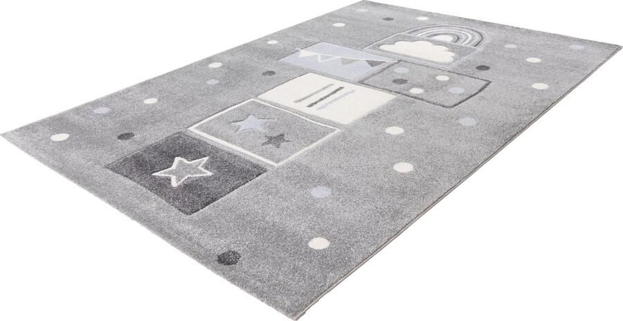Lalee Happy kinderkleed- laagpolig- hartjes-autobaan- unicorn- voetbal tapijt 80x150 cm zilver grijs