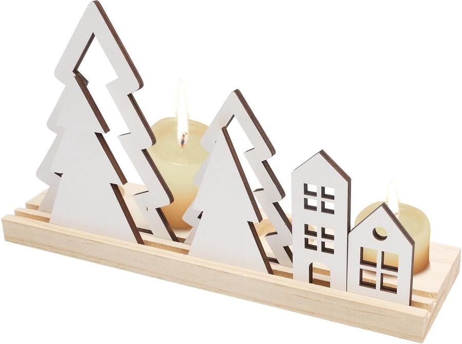 LAMEK huisjes kaarsenhouder mini boom kandelaar hout 4CM kaarsenhouder houten huisje kaarsenhouder kerstboom kaarsenhouder tafel kaarsenonderzetter voor 4 kaarsen raam open haard adventskalender