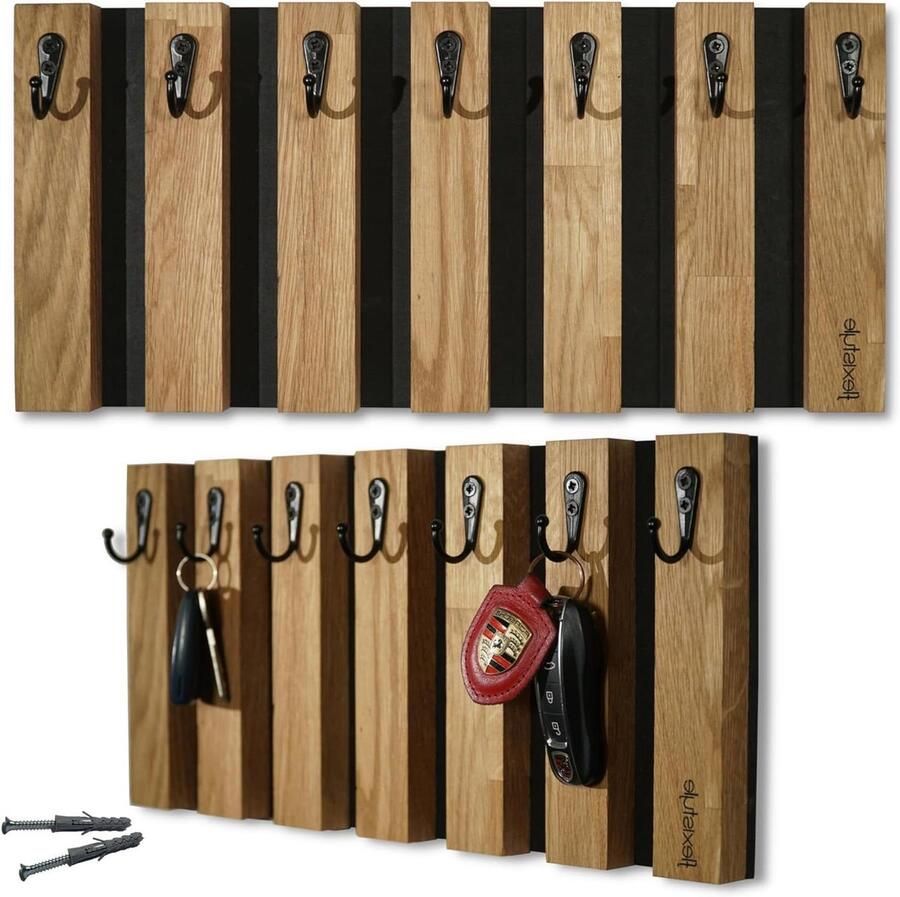 Lamellen sleutelrek kapstok hout eiken hakenlijst kledinghaken wandhaken roestvrij staal wandgarderobe garderobepaneel voor hal kinderkamer slaapkamer (40 cm 7 haken)