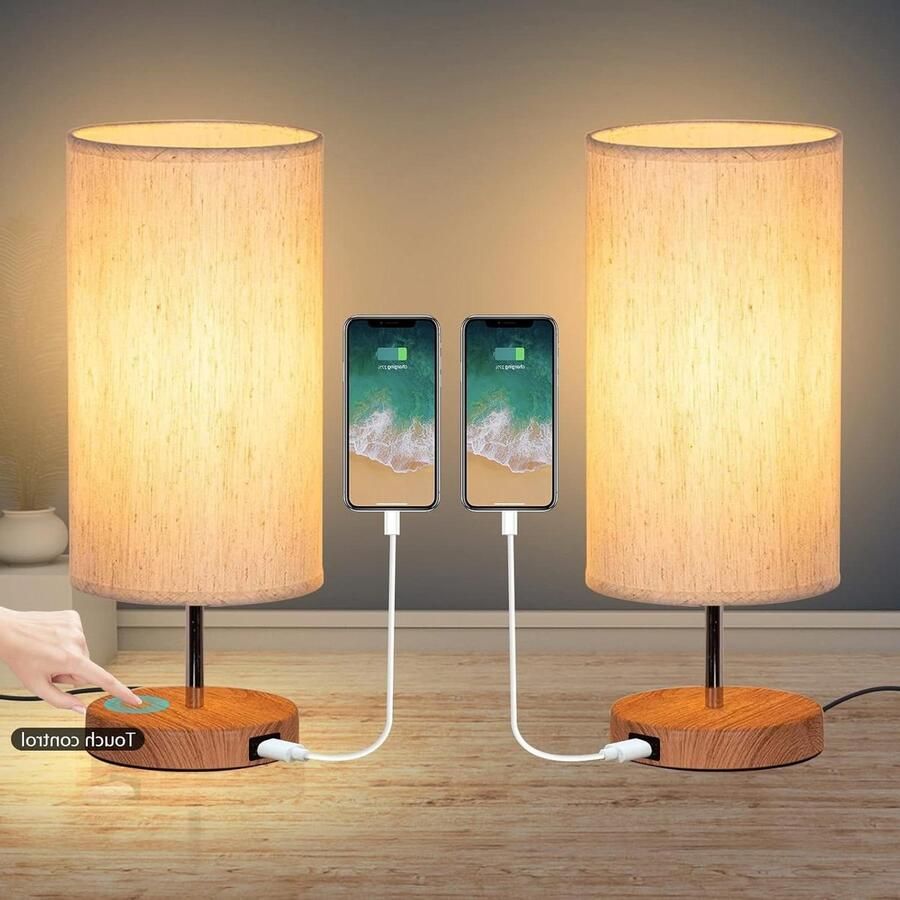 Lammpakket van 2 Tafellampen met USB -oplaadpoort 3 kleurverandering dimbare nachtkastje lamp met vlasstoffenschaduw voor slaapkamerkantoor LED -lampen inbegrepen