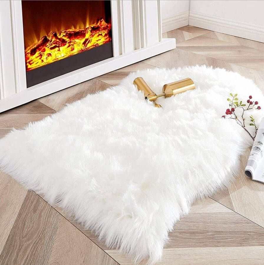 Lamsvacht kunstbont tapijt 75 x 120 cm langharig imitatie schapenvacht bedkleed bankmat wit