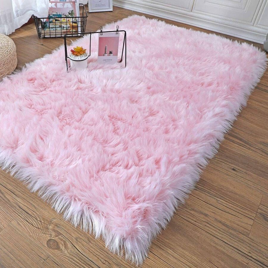 Lamsvacht mat slaapkamer tapijt shaggy tapijt pluizig tapijt kunstbont tapijt wasbaar tapijt mat (vierkant roze 50 x 150 cm)