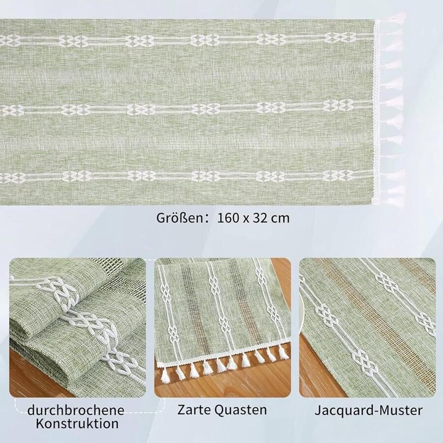 Landelijke tafelloper met kwastjes modern 1 stuk saliegroen katoen en hennep 160 x 32 cm