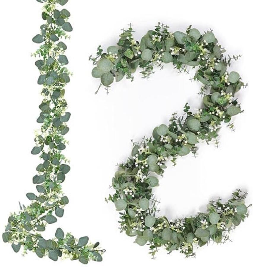 LandReCol 2 stuks eucalyptus guirlande 1 8 m appelbladwijnranken kunstmatige decoratie met witte bloemen eucalyptus decoratie bruiloft feest groene plant decoratie guirlande communie tafel lint (groen)