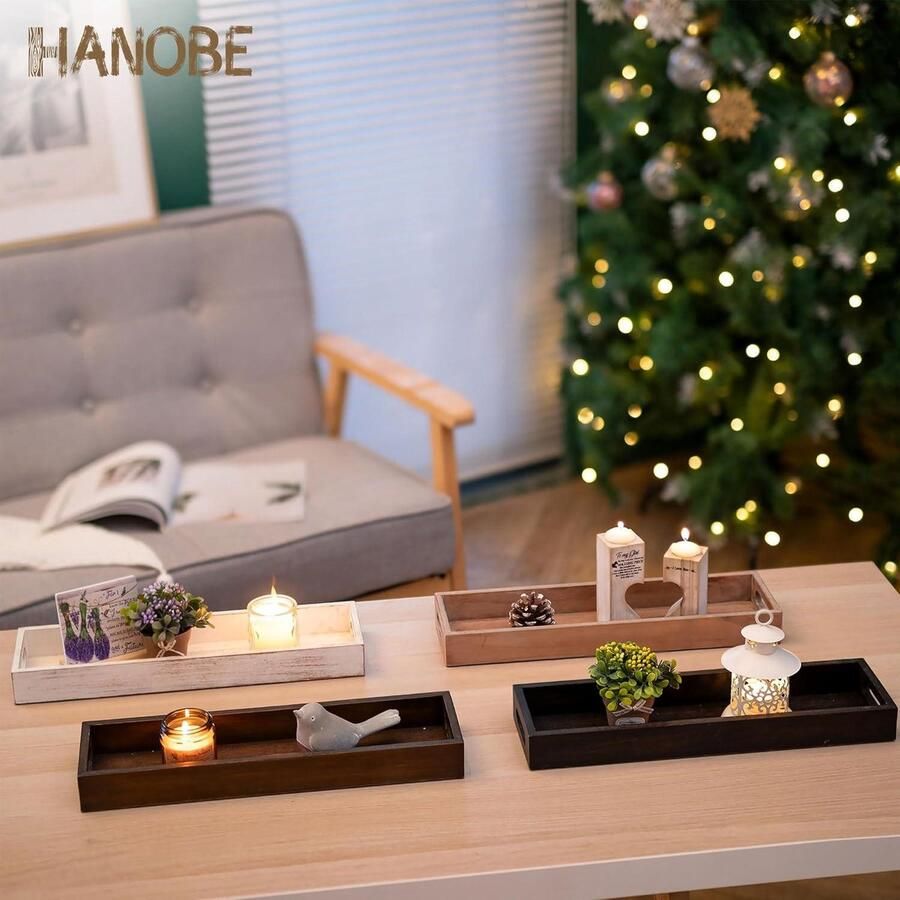 Lang Smal Houten Dienblad Decoratief Serveerstuk met Handgrepen Kaarsenhouder Rustiek Design Voor Thuis Salontafel Decor Woonkamer Accessoire Badkamer Tray Zwart Bruin Rechthoekig